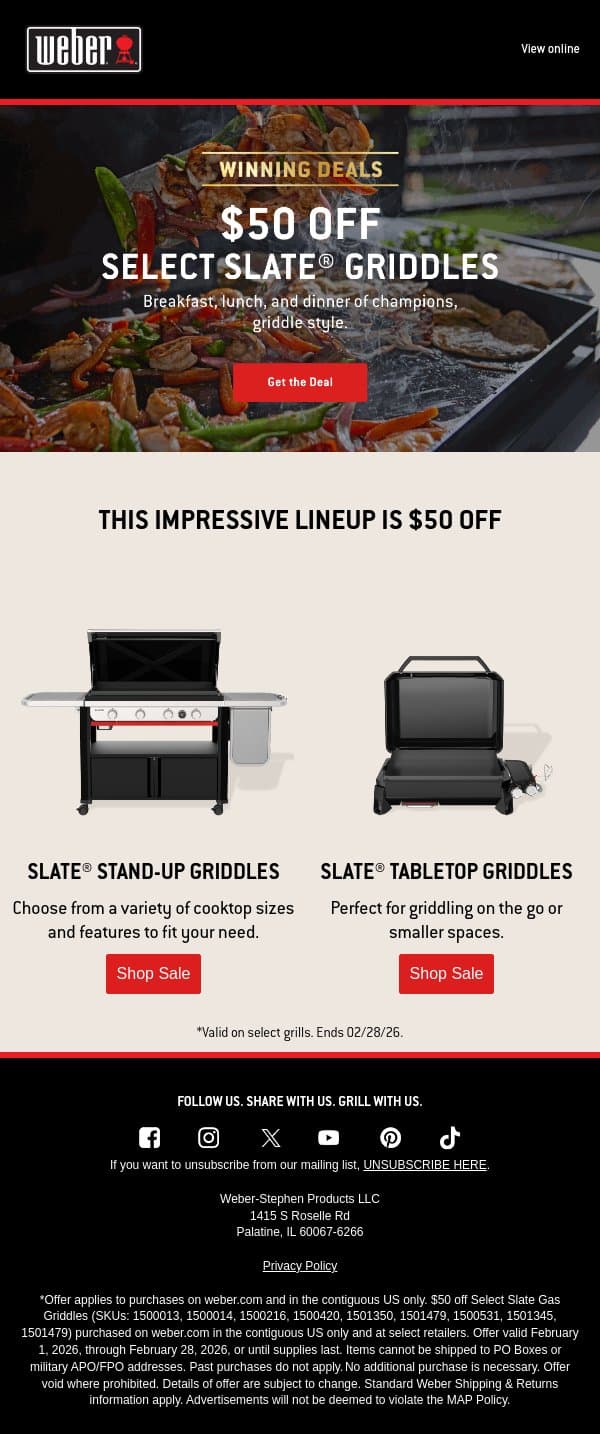 Limited time left to save on Slate Griddles. email from Weber screenshot