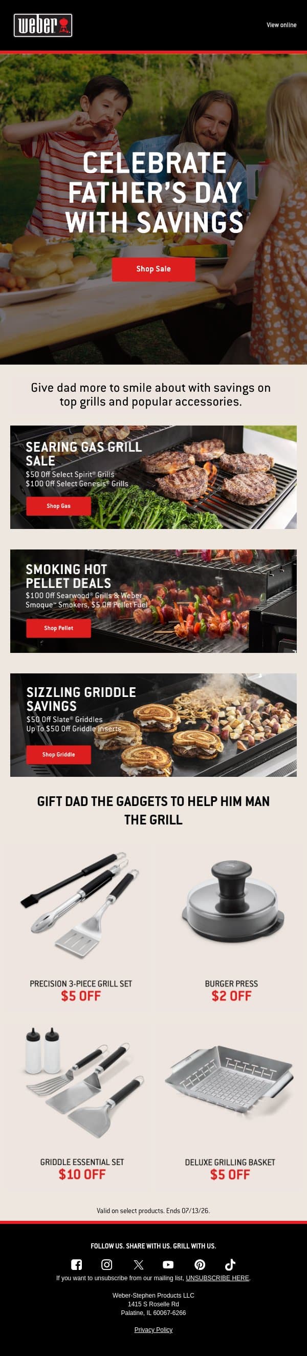 Dad-worthy deals on grills and accessories email from Weber screenshot
