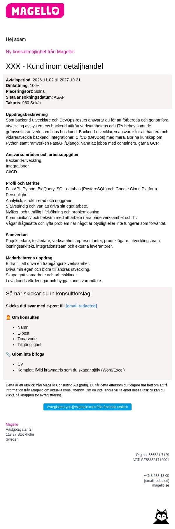 Magello söker en utvecklare till kund inom detaljhandel email from Webking screenshot