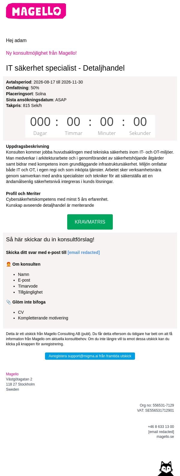 Magello söker en specialist inom It-säkerhet email from Webking screenshot