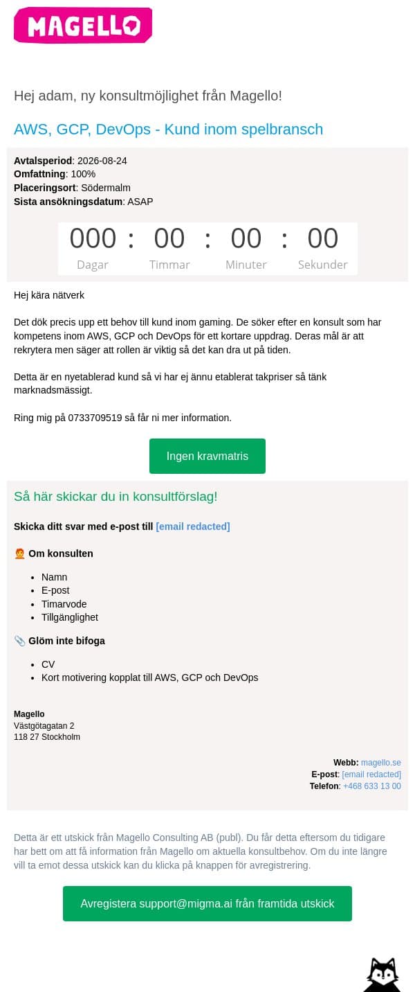 Magello söker en konsult med erfarenhet av AWS, GCP och DevOps email from Webking screenshot