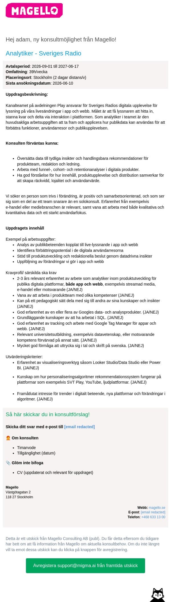 Ny avropsförfrågan från Magello! email from Webking screenshot