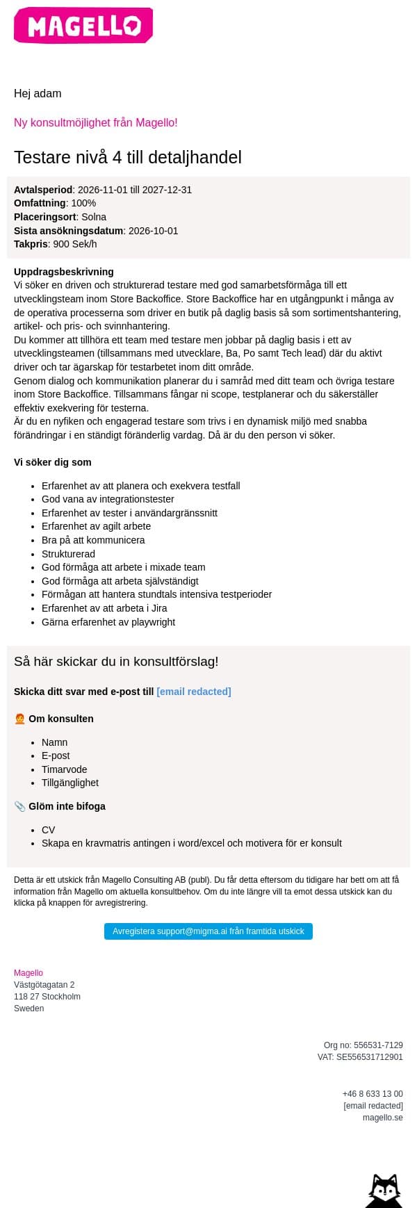 Magello söker en Testare till kund inom detaljhandel email from Webking screenshot