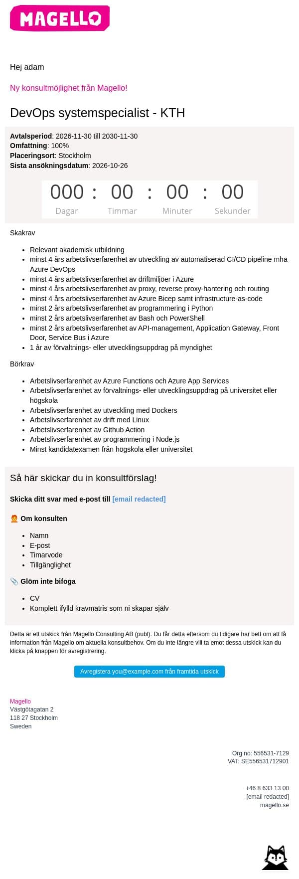 Magello söker en DevOps-specialist till KTH email from Webking screenshot