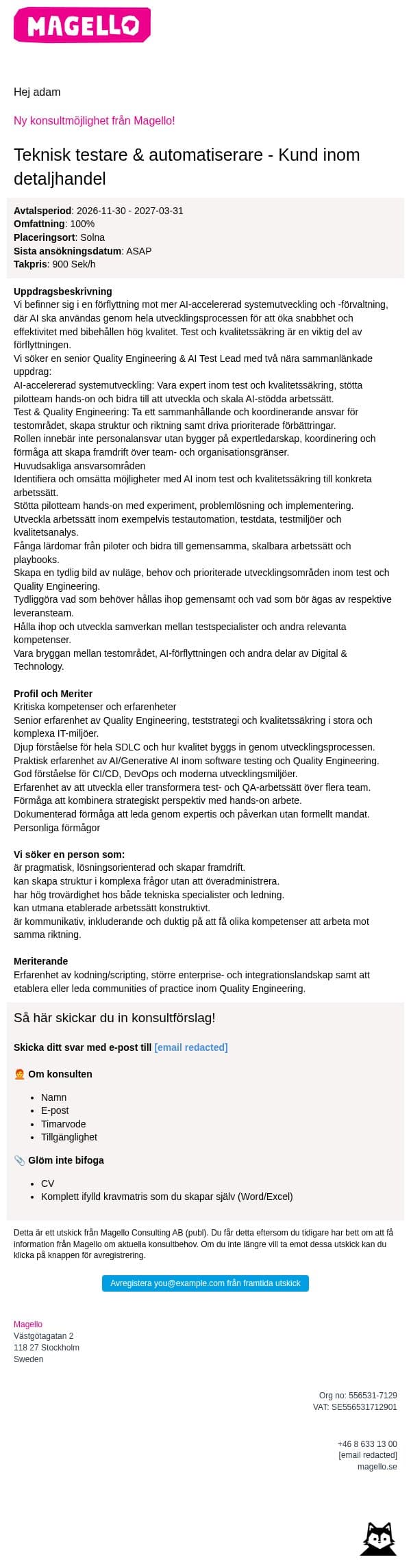 Magello söker en Teknisk testare email from Webking screenshot