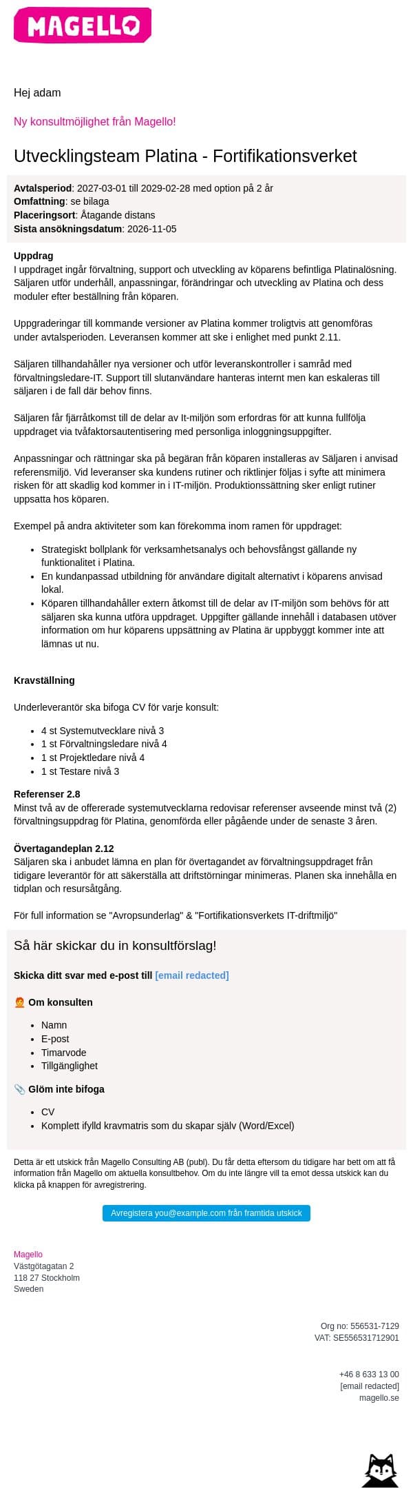 Magello söker ett team till Fortifikationsverket email from Webking screenshot
