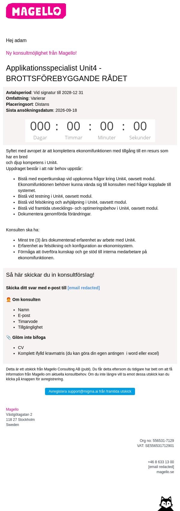 Magello söker en Applikationsspecialist Unit4 email from Webking screenshot