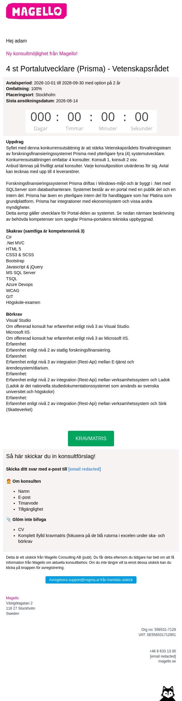 Magello söker 4 st Portalutvecklare (Prisma) email from Webking screenshot
