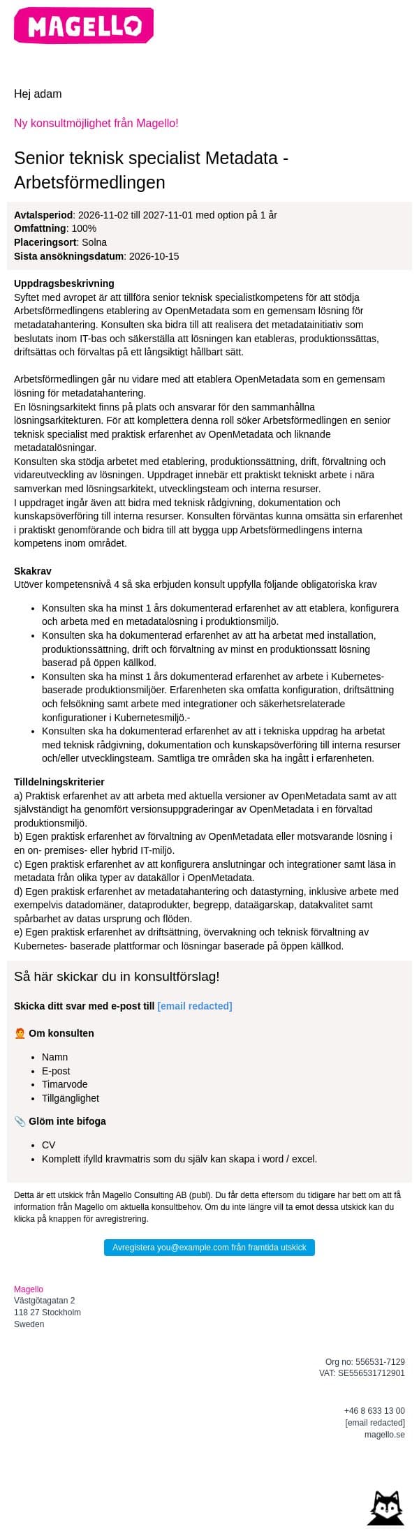 Magello söker en senior specialist i Metadata till Arbetsförmedlingen email from Webking screenshot