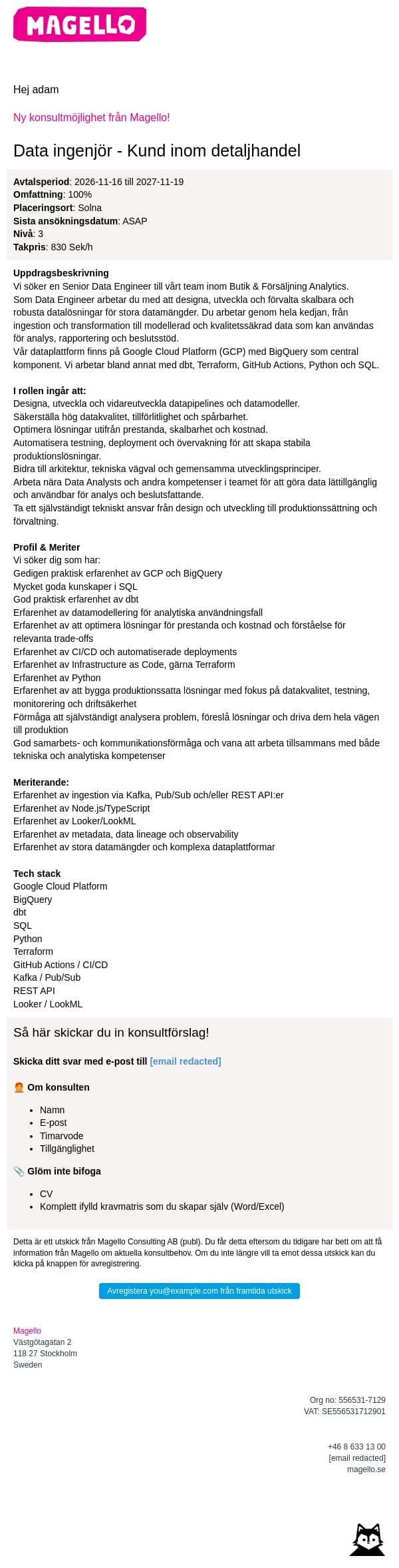 Magello söker en Data ingenjör till kund inom detaljhandel email from Webking screenshot