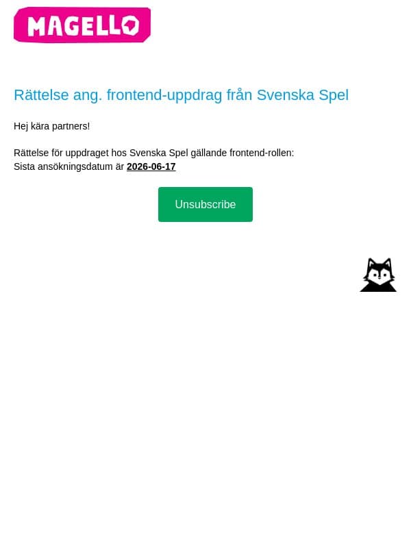 Rättelse ang. frontend-rollen från Svenska Spel email from Webking screenshot