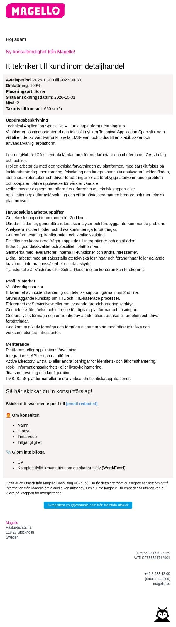 Magello söker en It-tekniker email from Webking screenshot