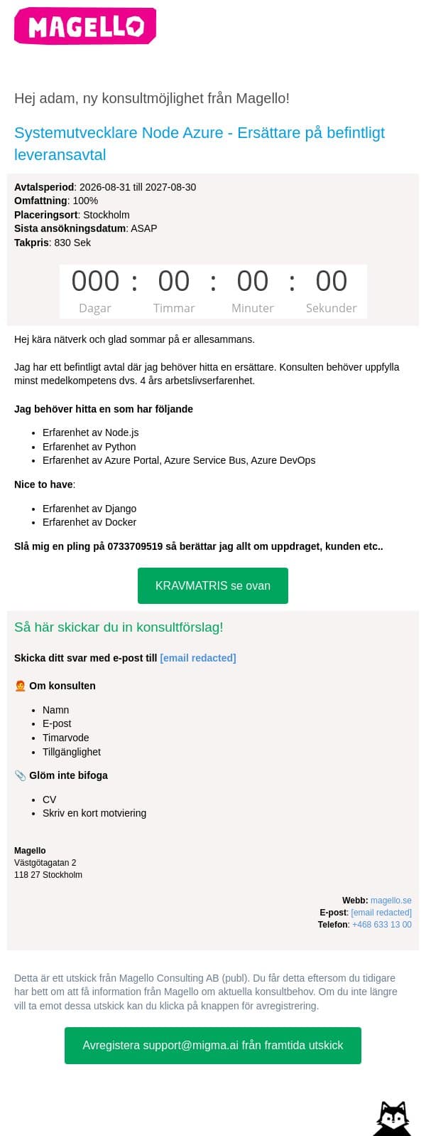 Magello söker en Systemutvecklare Node email from Webking screenshot