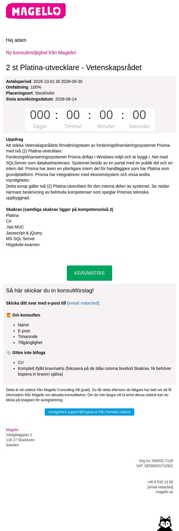 Magello söker en 2 st platinautvecklare till Vetenskapsrådet email from Webking screenshot