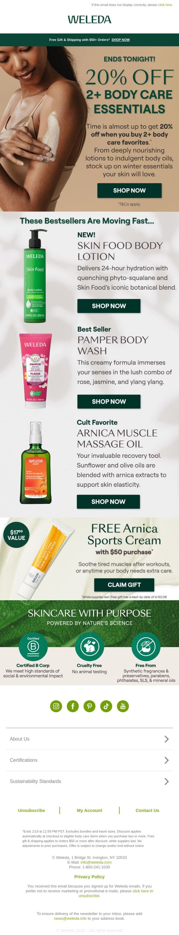 Final Hours: 20% Off Body Care Favorites email from Weleda screenshot