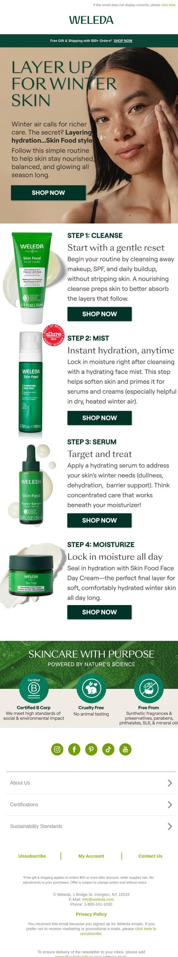 Your Winter Skin Layering Routine Starts Here email from Weleda screenshot