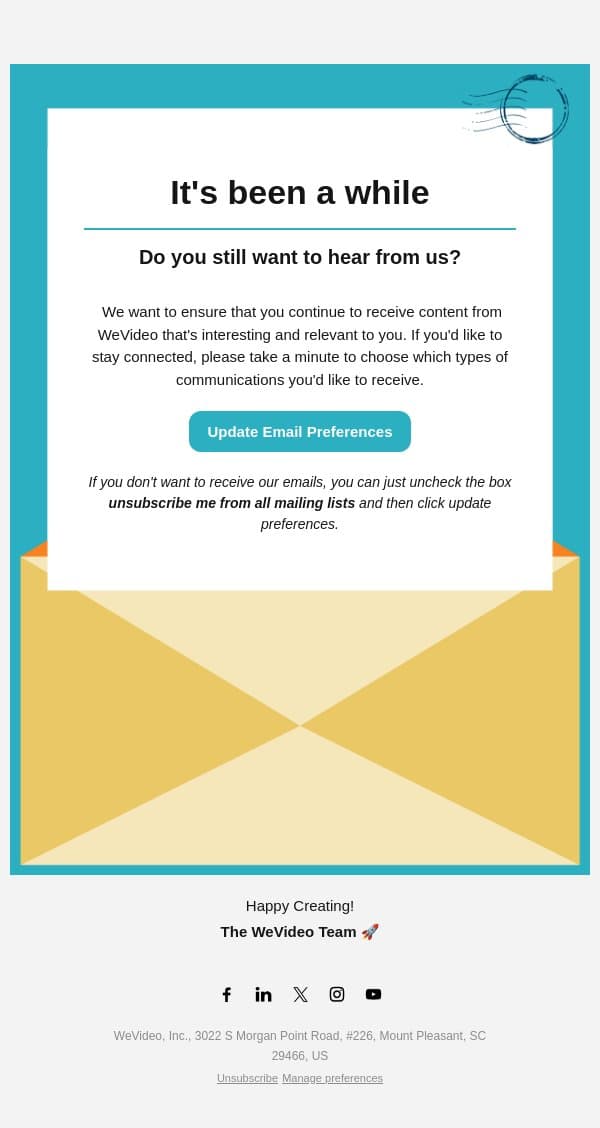 🚨 Reminder: Do you still want to hear from us? email from WeVideo screenshot