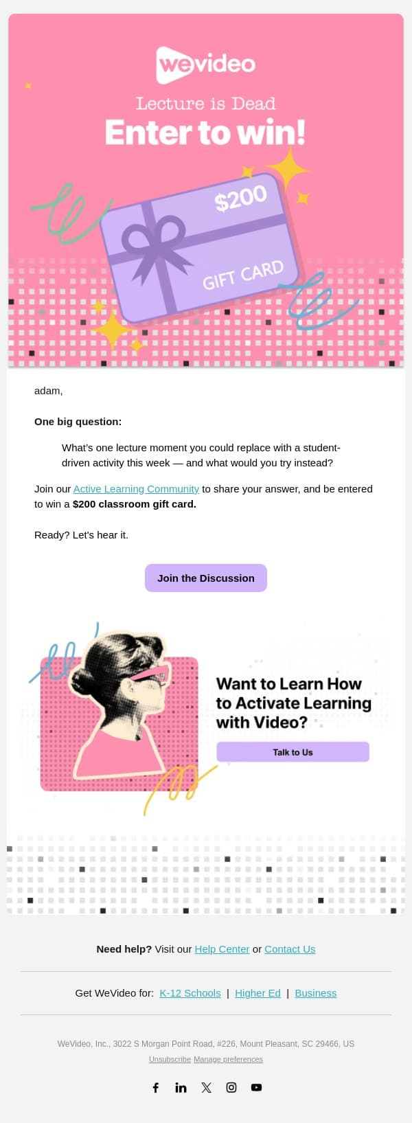 $200 on the Line: Participate in our Community Challenge email from WeVideo screenshot