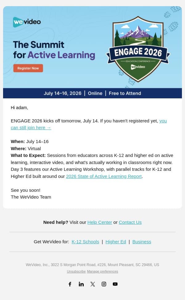 ENGAGE 2026 Starts Tomorrow email from WeVideo screenshot