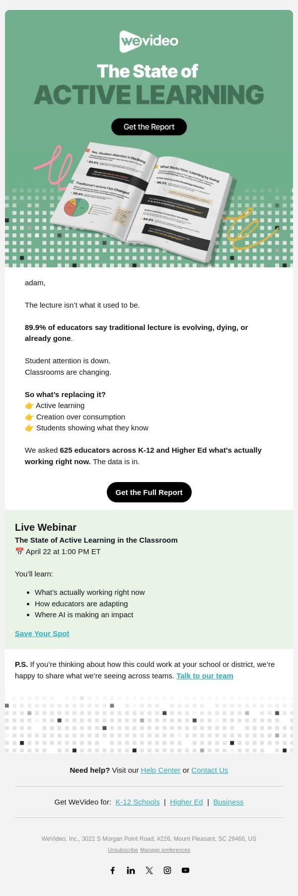 89.9% of Educators Say Lecture Is Changing [Free Report] email from WeVideo screenshot