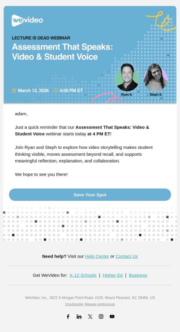 Starting Soon: Unlock Student Voice with Video Assessments email from WeVideo screenshot