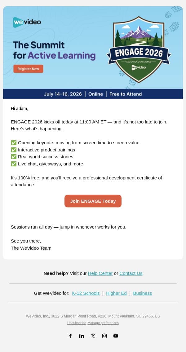 ENGAGE 2026 Starts Today — Join Us email from WeVideo screenshot