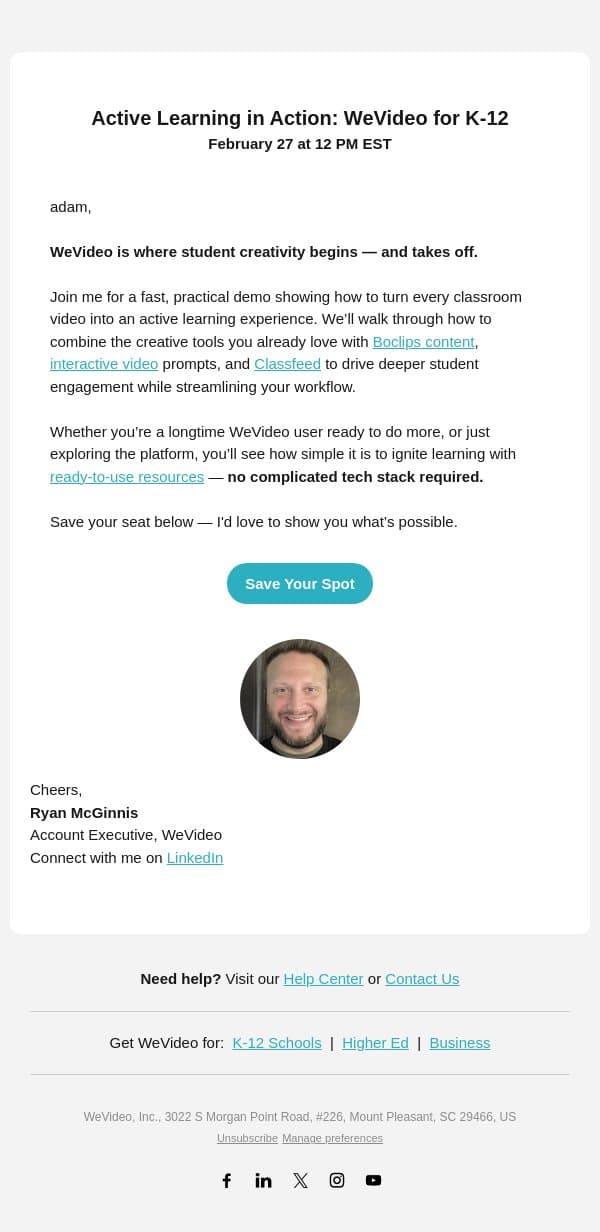 Turn Every Video into an Active Learning Experience (Quick Demo) email from WeVideo screenshot