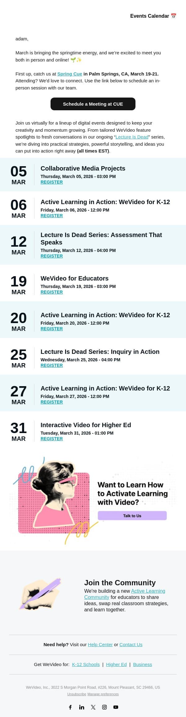 Your March Event Lineup email from WeVideo screenshot