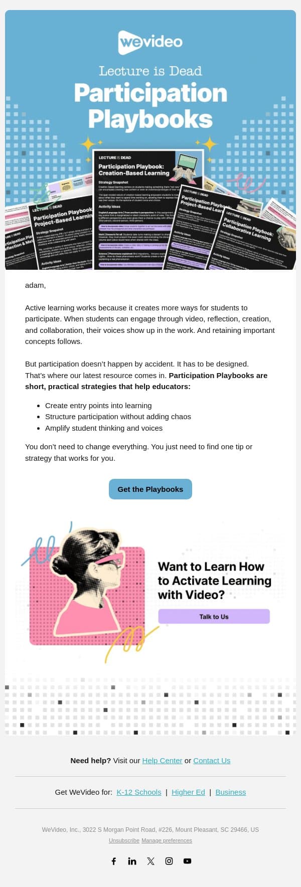 New Drop: Participation Playbooks email from WeVideo screenshot