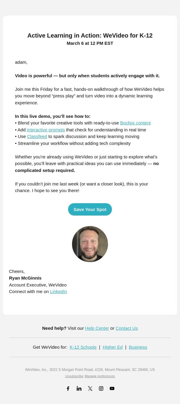 Turn Passive Viewing into Active Learning 🎬 email from WeVideo screenshot