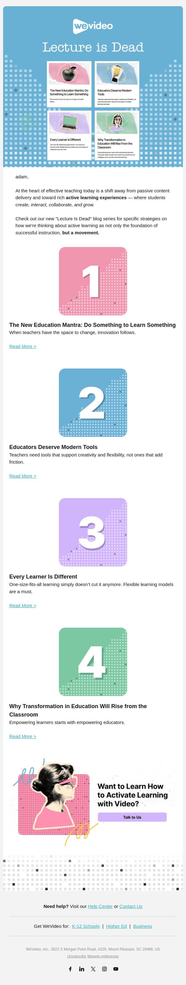 Bringing Our Four Active Learning Pillars to Life — In Your Classroom email from WeVideo screenshot