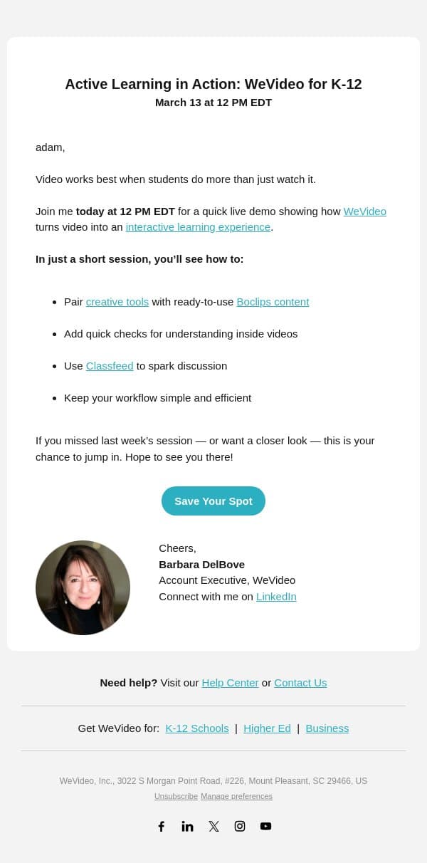 Another Chance to See How Video Can Do More in the Classroom email from WeVideo screenshot