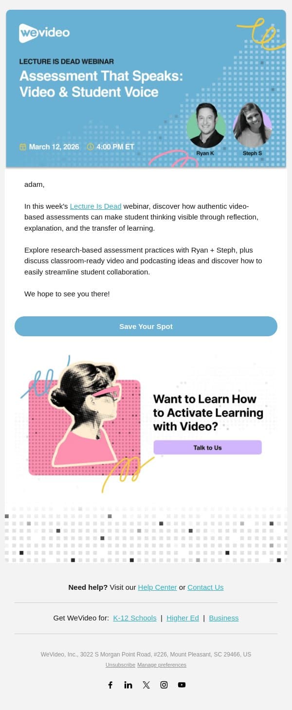 This Week: Unlock Student Voice with Authentic Video Assessments email from WeVideo screenshot