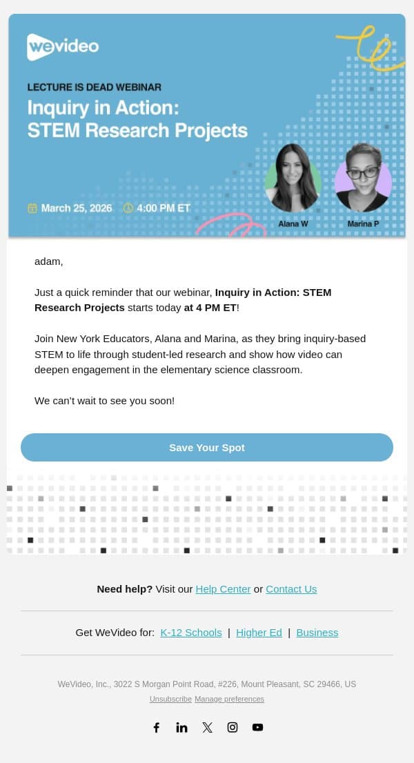 Learn How Educators Bring STEM Research to Life Today! email from WeVideo screenshot