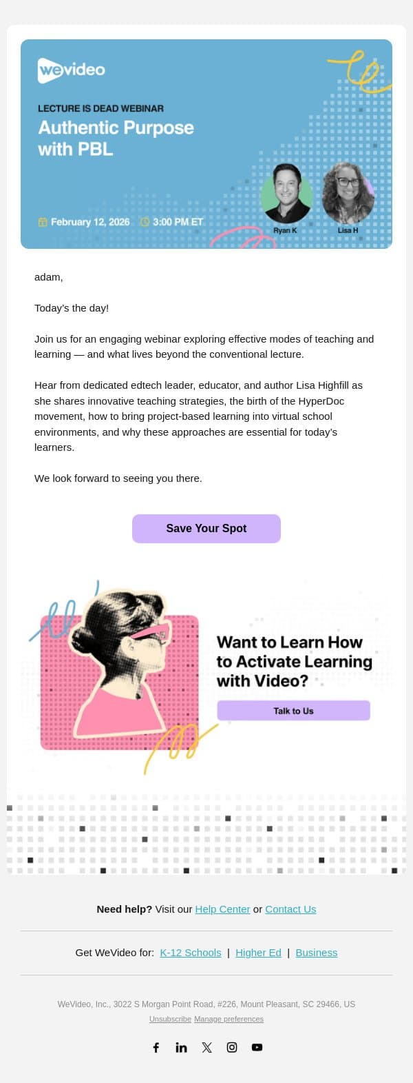 Starting Today: Rethinking Teaching & Learning with Lisa Highfill email from WeVideo screenshot