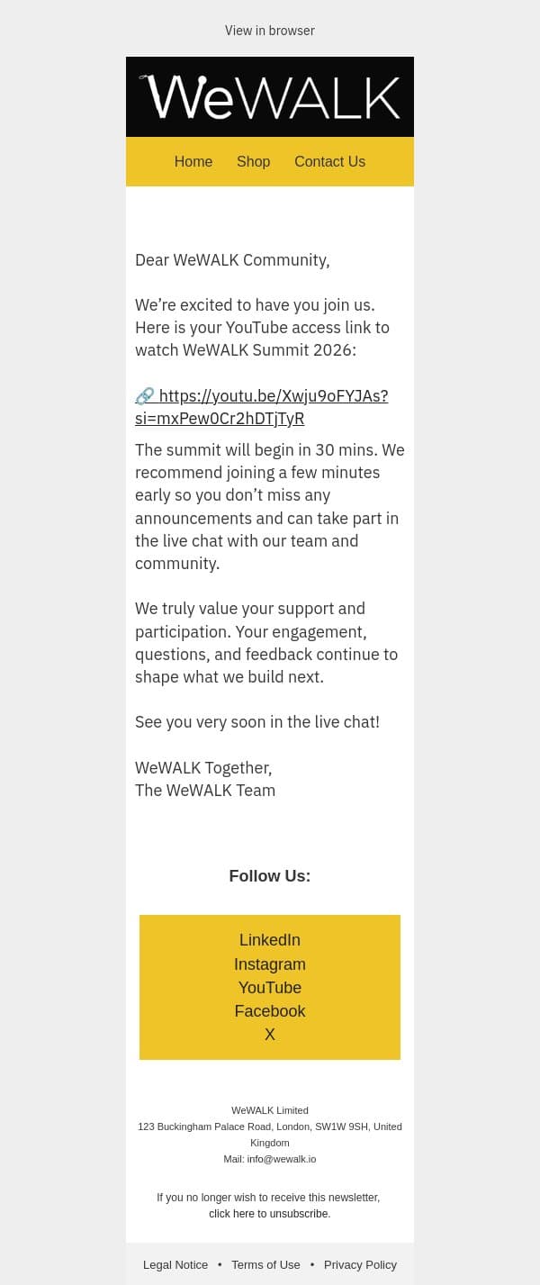 Your Access Link: WeWALK Annual Summit 2026 Starts Soon email from WeWALK screenshot