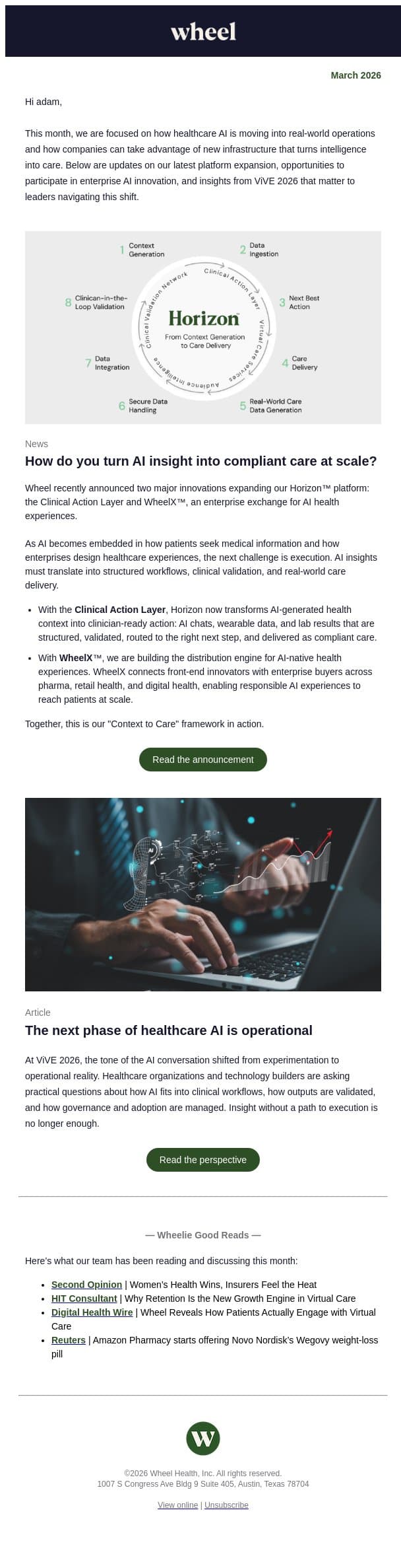 March updates: AI infrastructure, WheelX launch, and healthcare operations email from Wheel screenshot