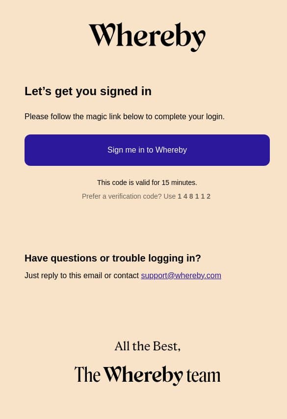 Whereby code: 148112 email from WhereBy screenshot