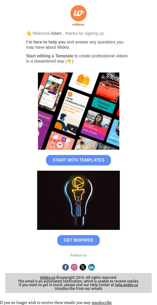 Welcome to Wideo – Let’s create your first video! email from Wideo screenshot