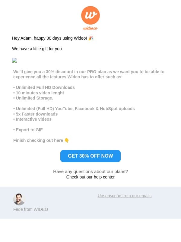 Hey Adam 30% off Wideo Annual PRO Plan, check it out! email from Wideo screenshot