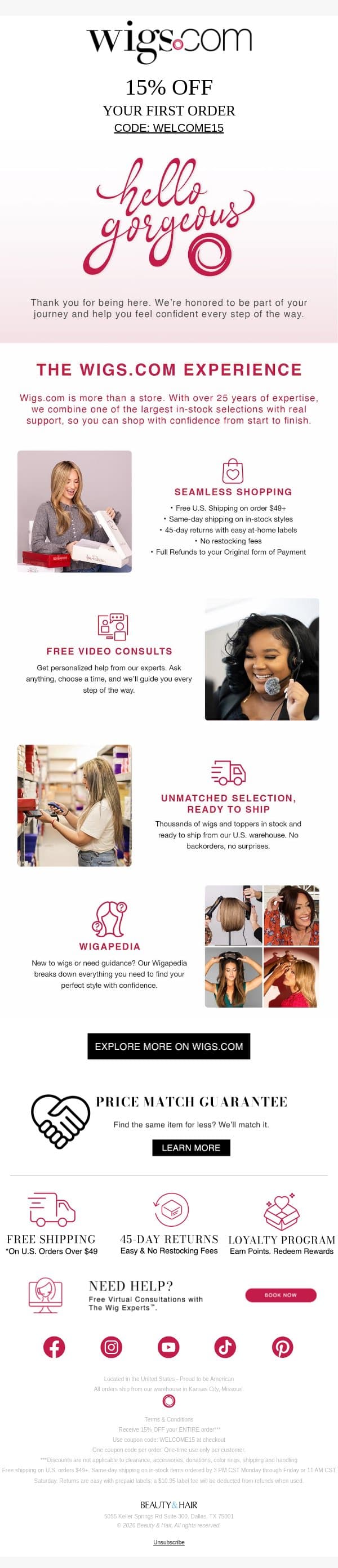 15% OFF Your First Order! email from Wigs.com screenshot