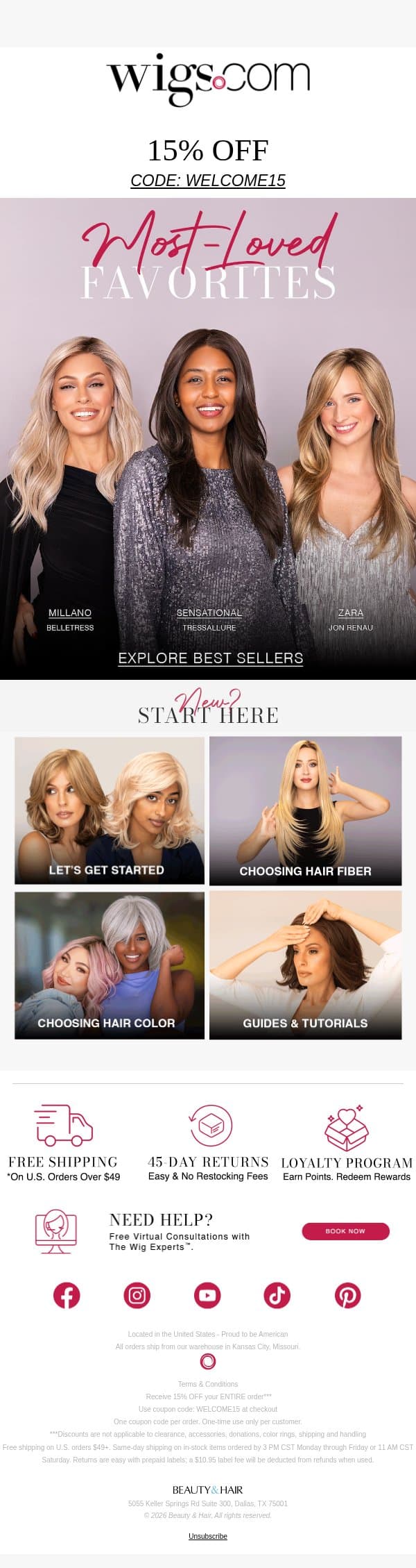 Enjoy 15% Off Your Next Purchase email from Wigs.com screenshot