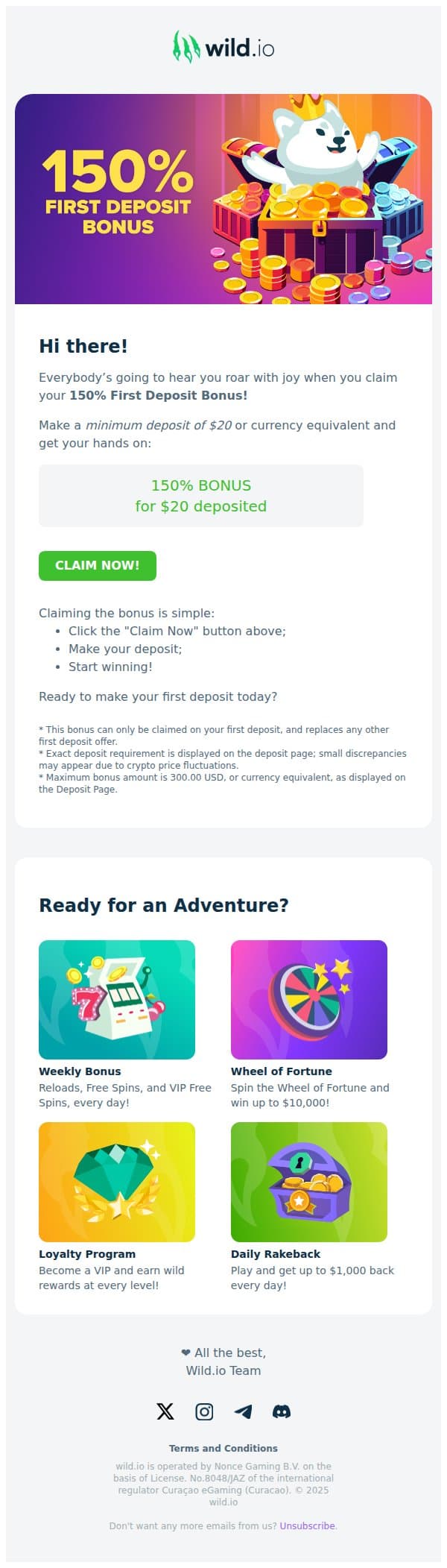🐻 Roaring 150% Bonus 🐻 email from Wild.io screenshot