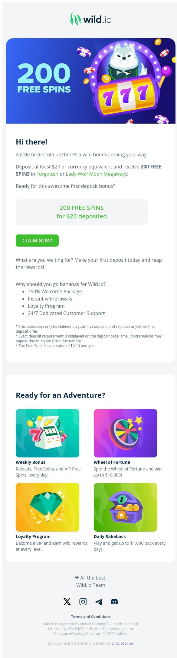 🐥 200 Free Spins for $20 Deposit Today 🦅 email from Wild.io screenshot