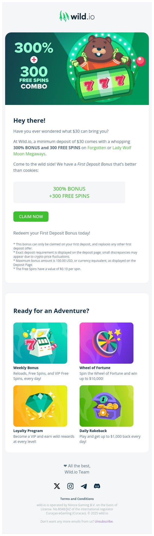 👽 Out of this world! 300% Bonus + 300 Free Spins 👽 email from Wild.io screenshot
