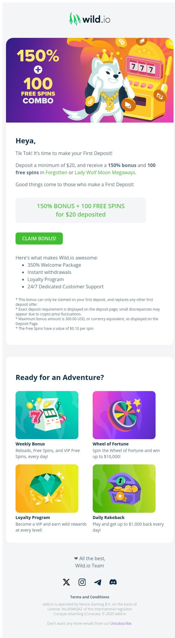 🦁 Go wild with 150% Bonus + 100 Free Spins 🦁 email from Wild.io screenshot
