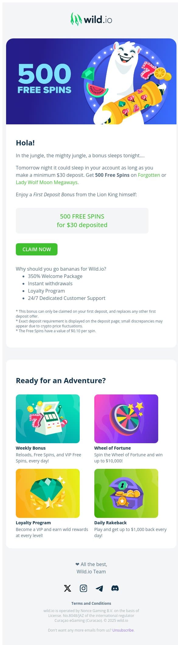 🦁 Simba Brings You 500 Free Spins 🦁 email from Wild.io screenshot