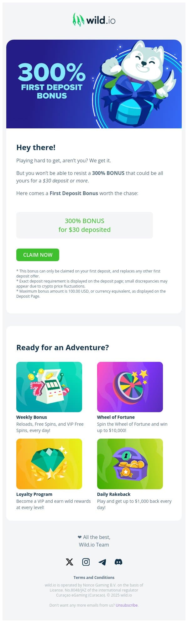 ❤️‍🔥 Exquisite 300% Bonus available now!❤️‍🔥 email from Wild.io screenshot