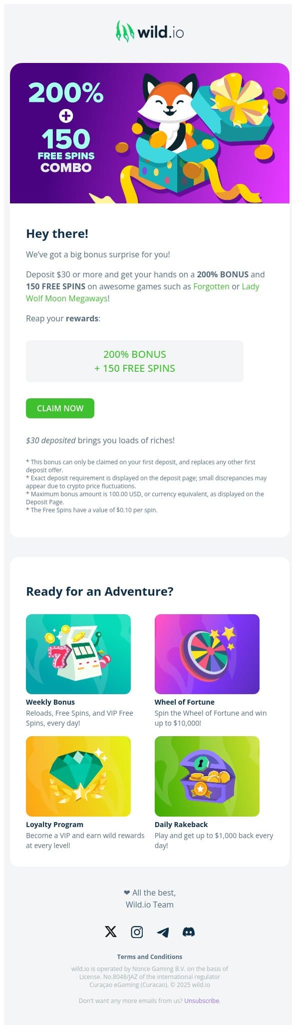 🛸 Bonus Extravaganza! 200% Bonus + 150 Free Spins 🛸 email from Wild.io screenshot
