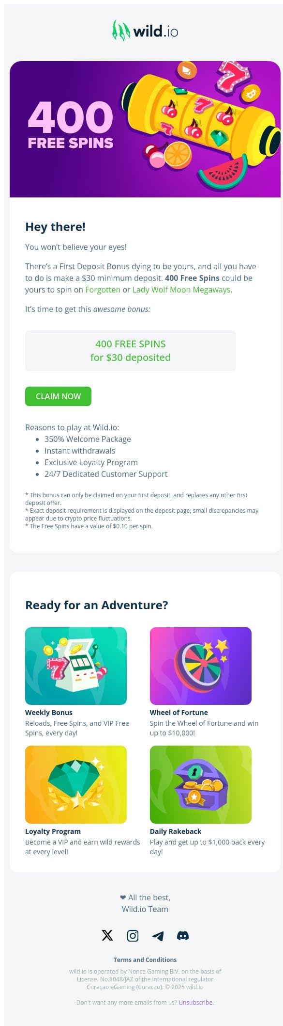 🌺 Hip, Hip, Hooray! 400 Free Spins Coming Your Way! 🌺 email from Wild.io screenshot